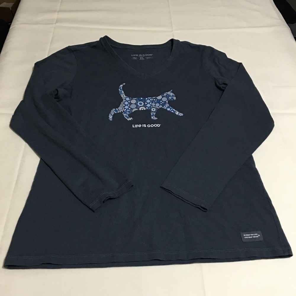 Life Is Good Long Sleeve T-Shirt Women XL Blue Cat Graphic V-Neck Crusher